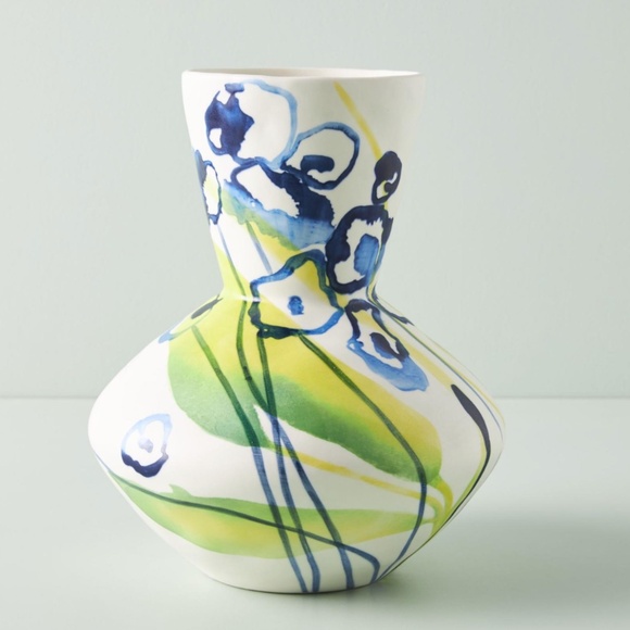 Anthropologie A Sunday Painter Layla Vase Large White Floral Blue Green Flower
